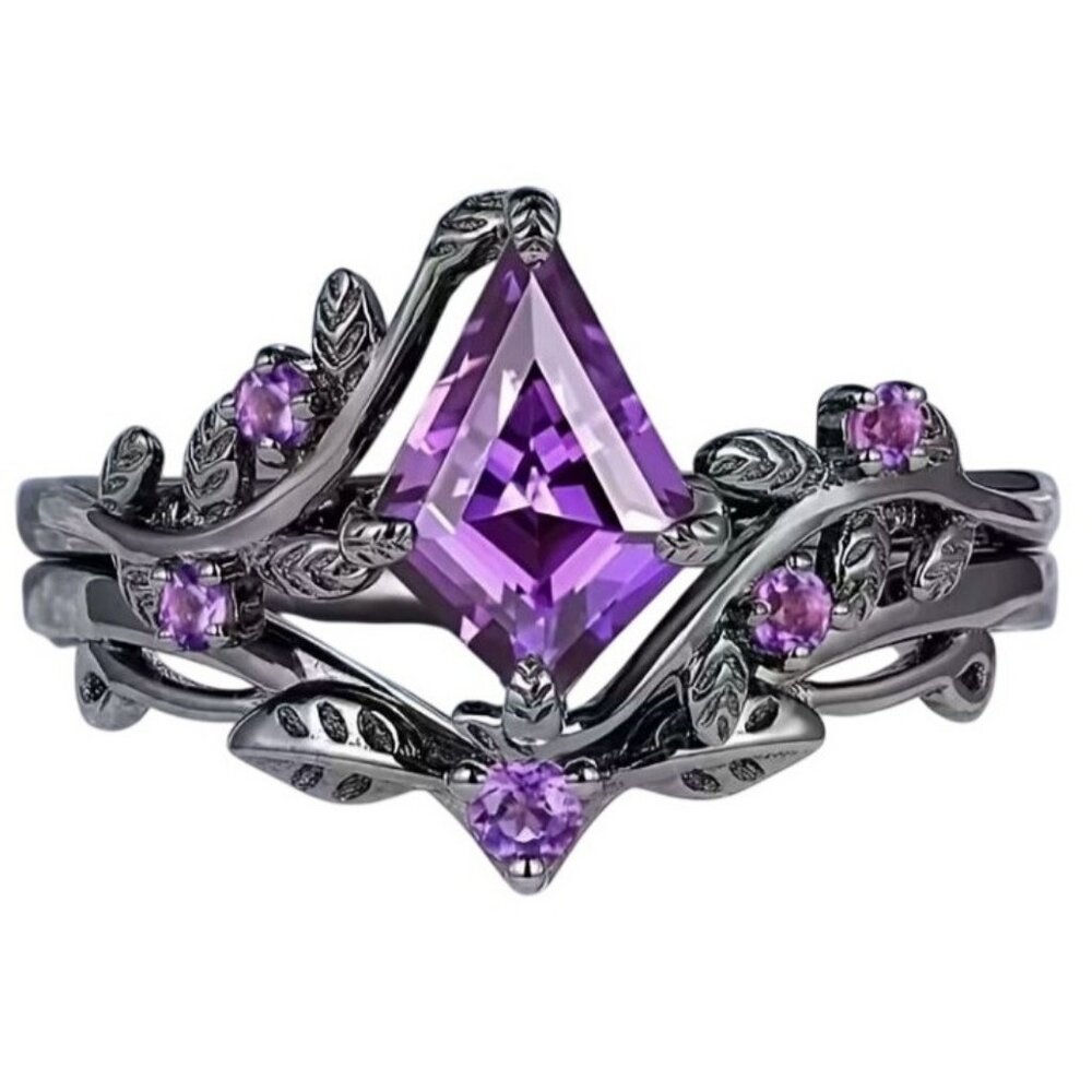 Rhombus Cut Purple Natural Amethyst Engagement Wedding Ring Set in Rhodium